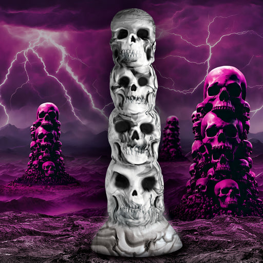 A tall stack of menacing skulls in grayscale stands against a surreal, dark, and stormy landscape with multiple other skull pillars in the background. The sky is filled with jagged lightning bolts, casting an eerie purple hue over the scene, reminiscent of the XR Brands' Tower of Doom Silicone Skull Dildo.