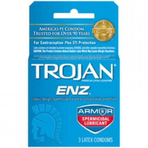 A box of Paradise Marketing Trojan Condom Enz With Spermicidal Lubricant 3 Pack, designed for contraception and STI protection, made from premium quality latex.