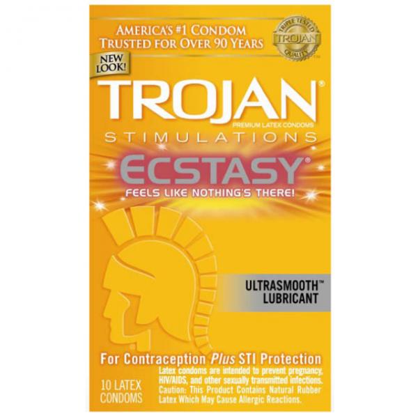 The image depicts a box of Trojan Ecstasy Ultra Ribbed Condoms With Ultrasmooth Lubricant. The yellow box features the Paradise Marketing logo at the top and highlights the "UltraSmooth" lubricant. It offers contraception plus STI protection with 10 latex condoms inside, trusted for over 90 years.