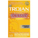 The image depicts a box of Trojan Ecstasy Ultra Ribbed Condoms With Ultrasmooth Lubricant. The yellow box features the Paradise Marketing logo at the top and highlights the "UltraSmooth" lubricant. It offers contraception plus STI protection with 10 latex condoms inside, trusted for over 90 years.