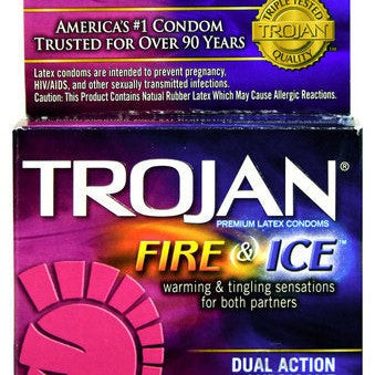 A box of Trojan Fire and Ice 3 Pack Heating & Tingling Latex Condoms, featuring a Dual Action Lubricant for warming and tingling sensations, meticulously designed for both partners.