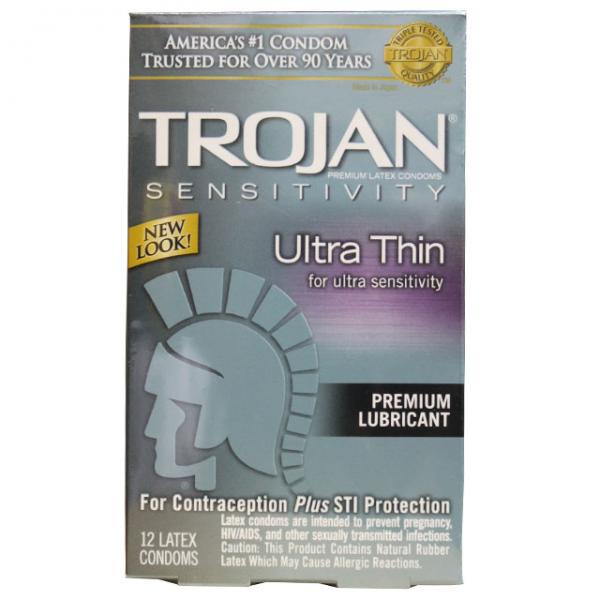 A box of Paradise Marketing Trojan Sensitivity Ultra Thin Latex Condoms 12 Pack with premium latex, featuring 12 condoms intended for contraception and STI protection.