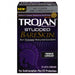 A box of Trojan Studded Bareskin Condoms 10 Package by Paradise Marketing. The packaging is predominantly dark purple with yellow highlights, featuring text that says "Trojan Thinnest Textured Condom!" and "Premium Lubricant." It contains 10 latex condoms offering ultimate sensitivity and STI protection.