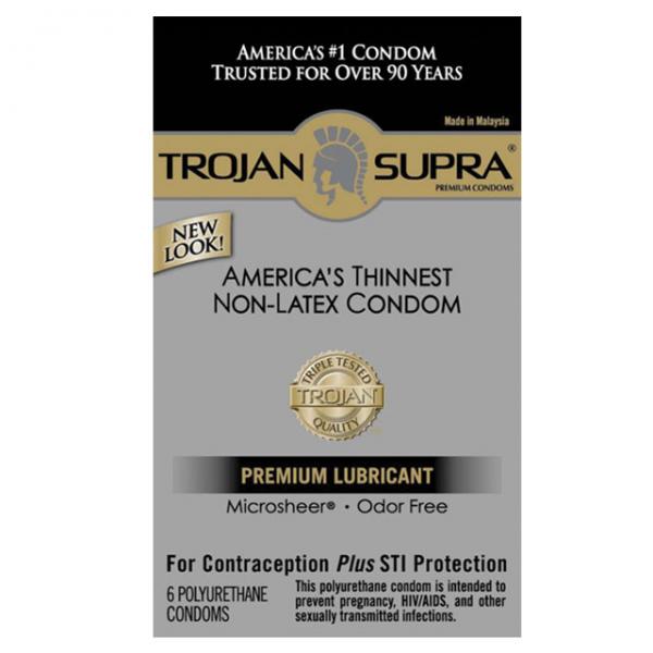 A pack of Paradise Marketing's Trojan Supra Microsheer Polyurethane Condoms, advertised as America's thinnest non-latex condom for contraception and STI protection.