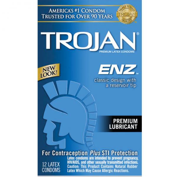 A blue box of Trojan-enz Lubricated Condoms featuring a Trojan helmet logo. Text on the box highlights "classic design with a reservoir tip" and "premium lubricant." It also mentions that it contains 12 lubricated condoms and offers contraception plus STI protection.