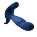 The True Blue Rechargeable Thrusting Silicone Vibrator by Evolved Novelties is a blue, silicone prostate massager featuring a curved shaft, bulbous tip, and an ergonomic base with a small handle for easier maneuvering. The smooth surface has subtle ribbing for added texture. This versatile vibrator is photographed against a plain white background.