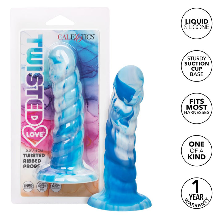 Twisted Love Ribbed 5.5 Inch Beginner Silicone Dildo - Blue by CalExotics, with suction cup base, shown in packaging and presented alongside, emphasizing its unique ribbed design and compatibility with strap-on harnesses.