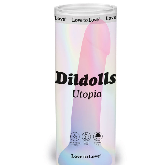 Dildolls Utopia Glow in the Dark Silicone Dildo in clear plastic packaging 