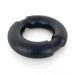 A black, smooth, circular object with a slightly raised pattern and rounded edges, set against a white background. It resembles a VERS Silicone Cock Ring with Weighted Steel Interior - Black by Vers.