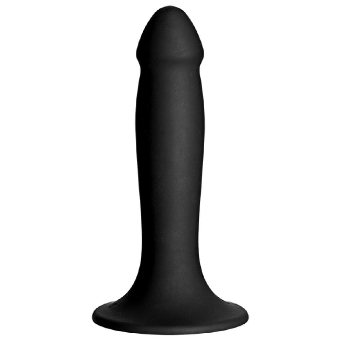 A Vac-U-Lock Smooth Black Silicone Dildo by Doc Johnson with a smooth, slightly tapered shape. The base is flared for stability and ease of use. The surface appears matte and the design is simple and sleek. This body-safe product is also Vac-U-Lock compatible for added versatility.