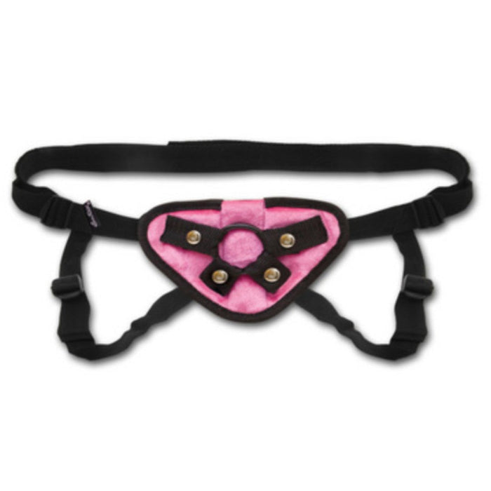 An adjustable pink waist belt with a heart-shaped pouch and metal studs, designed for pegging, isolated on a white background made by Electric Eel Inc.