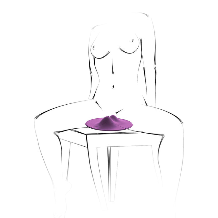 A minimalistic black and white line drawing depicts a nude human figure sitting on a stool. The figure's head, arms, and lower legs are not shown. An abstract, purple object resembling the VibePad 2 Ride On Hands-Free Humping Vibrator with Licking Tongue by Orion is placed on the stool between the figure's legs.