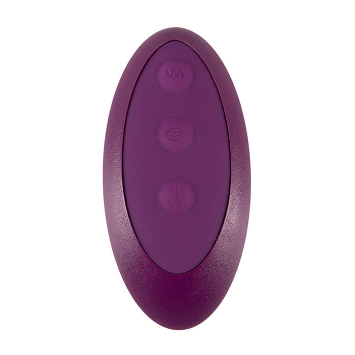 A purple, oval-shaped remote control vibrator from Orion called VibePad 2 Ride On Hands-Free Humping Vibrator with Licking Tongue, featuring three distinct buttons: a wave pattern on the top button, an icon resembling lips on the middle button, and a small flame icon on the bottom button.