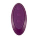 A purple, oval-shaped remote control vibrator from Orion called VibePad 2 Ride On Hands-Free Humping Vibrator with Licking Tongue, featuring three distinct buttons: a wave pattern on the top button, an icon resembling lips on the middle button, and a small flame icon on the bottom button.