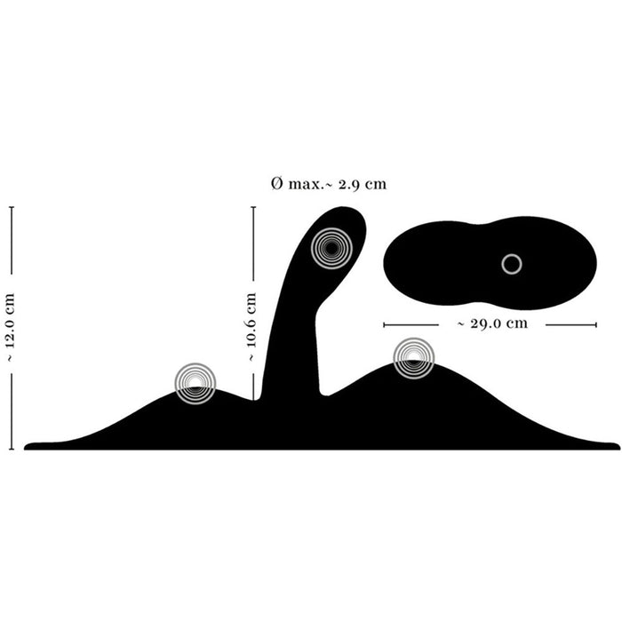 Illustration of a black silhouette featuring the VibePad 3 Ride On Hands-Free Humping Vibrator with G-Spot Probe by Orion. The design showcases three raised bumps and one elongated shape, resembling the G-spot probe. Dimensions indicate one bump approximately 12 cm tall, another 10.6 cm tall, the third's diameter at 2.9 cm, and the right shape's width at 29 cm.