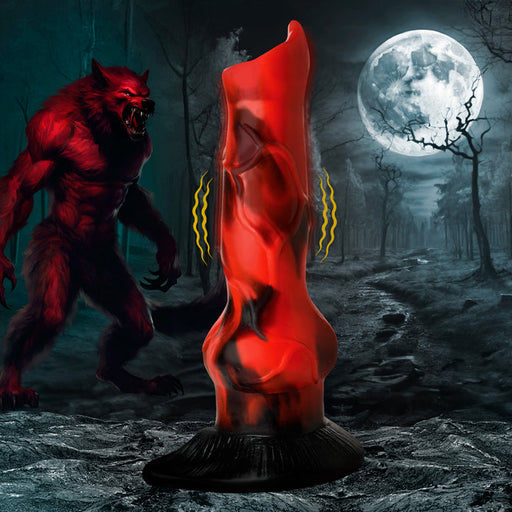 In a gloomy forest under a full moon, the Vibra Beast Vibrating Canine Werewolf Dildo with Knot stands surrounded by yellow vibration lines. A snarling werewolf and leafless trees create an eerie backdrop along the misty path where this textured, red waterproof object is featured.