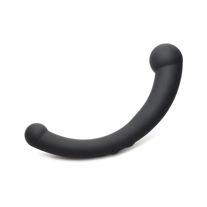 A Vibra Crescent Powerful Silicone Double Ended Vibrator by XR Brands, featuring a sleek black design with rounded ends and powerful vibrations, displayed on a white background.