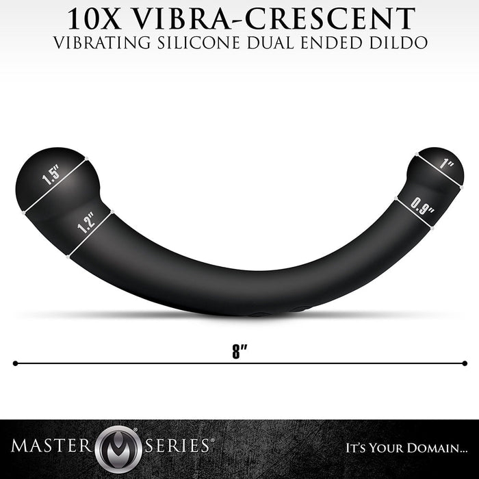 Illustration of a black, curved, crescent-shaped vibrator from XR Brands. Both ends display measurements: one end is 1.5 inches wide, while the other tapers from 1 inch to 0.9 inches. The total length is 8 inches. Text reads "Vibra Crescent Powerful Silicone Double Ended Vibrator" with powerful vibrations.