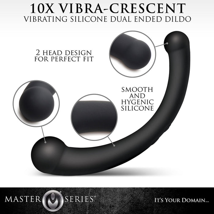 A product image of the Vibra Crescent Powerful Silicone Double Ended Vibrator, a dual-ended dildo made from vibrating silicone and ABS plastic. The black Crescent dildo is shown with callouts highlighting its smooth, hygienic materials, dual-head design for a perfect fit, and overall curved shape. Branding at the bottom reads "XR Brands" with the tagline "It's Your Domain.