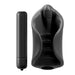 A black cylindrical object accompanied by a sleek, ergonomic silicone stroker with a textured interior. The sleeve features an open, curved design that fits seamlessly over the Vibrating Penis Masturbator Stroker for ED by Pipedream Products. Ideal as an erectile dysfunction aid.