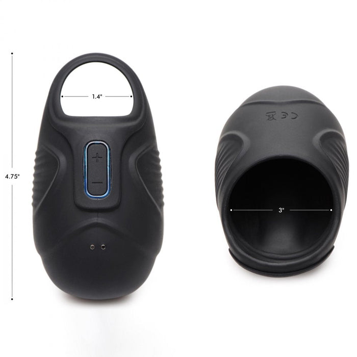 Two views of XR Brands' Vibrating Silicone Waterproof Ball Sack, a black, ring-shaped sex toy featuring a central control panel with plus and minus buttons. The side view shows its dimensions: 1.4 inches wide and 4.75 inches tall, while the front view reveals a 3-inch opening. The smooth and durable material makes it an ideal cock ring for added pleasure.