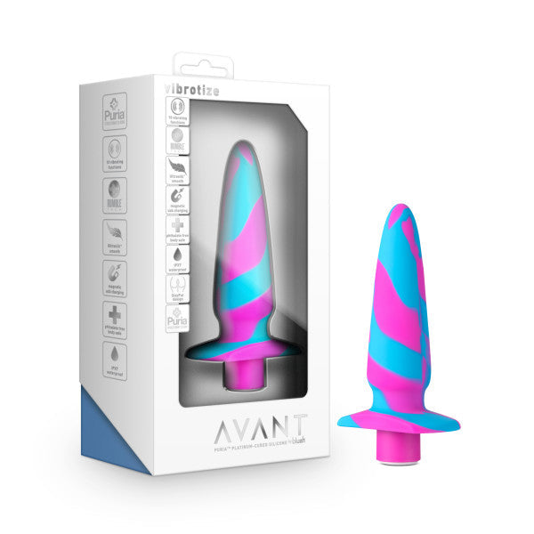 Image of a boxed Blush Vibrotize 10 Function Vibrating Silicone Butt Plug, featuring a colorful blue and pink swirled design. The packaging highlights features like body-safe silicone material, USB rechargeability, a waterproof design, and various vibration functions. The branding "Blush" is displayed on the box.