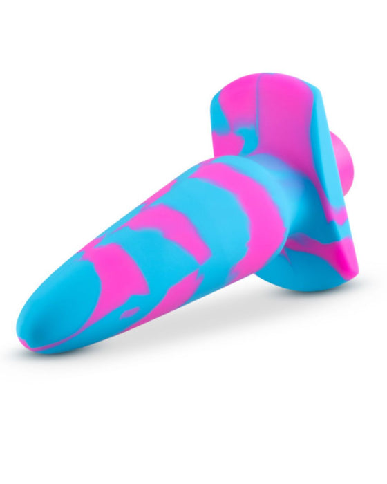 Introducing the Vibrotize 10 Function Vibrating Silicone Butt Plug by Blush: a silicone butt plug adorned with a stunning design of blue and pink swirls. Crafted from body-safe silicone, this plug features a tapered tip and flared base to ensure both safety and ease of removal, making it ideal for both beginners and anal experts alike.