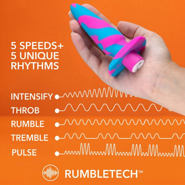 A hand holds the Blush Vibrotize 10 Function Vibrating Silicone Butt Plug, designed with a blue and pink pattern, against an orange background. Text reads "5 speeds + 5 unique vibration functions" with graphical representations and labels for each rhythm: Intensify, Throb, Rumble, Tremble, and Pulse. Bottom text: "RUMBLETECH™".