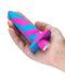 A hand is holding the Blush Vibrotize 10 Function Vibrating Silicone Butt Plug, a body-safe silicone sex toy featuring a blue and pink swirl design, a flared base, and a rounded tip—perfect for those seeking precise insertion.