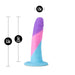 The Vision of Love Silicone Suction Cup 5.5 Inch Dildo by Blush is a multicolored beginner dildo crafted from platinum silicone. It features a vibrant swirl of purple, pink, and blue hues. Standing at 5.5 inches tall with an insertable length of 5 inches and a diameter of 1.25 inches, this dildo includes a flat base for stability and stands upright against a white background.