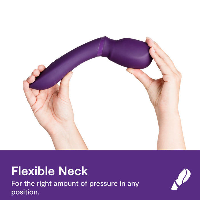 A person holding a We-Vibe Wand 2, a purple cordless vibrator with a flexible neck, against a white background. The text reads, "Flexible Neck - For the right amount of pressure in any position.