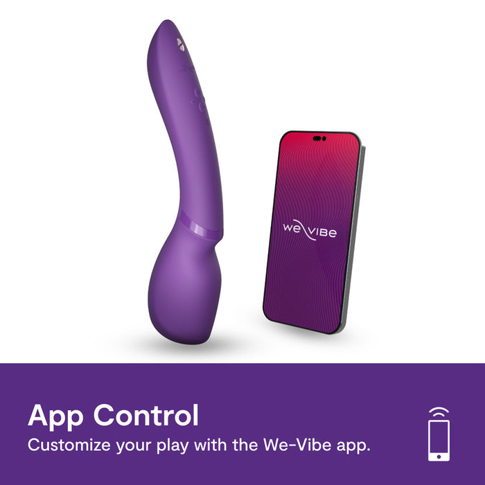 A purple We-Vibe Wand 2, a powerful cordless splashproof vibrator, stands upright next to a smartphone displaying the We-Vibe app. The image highlights its app-enabled features for customizing this wand-like device.