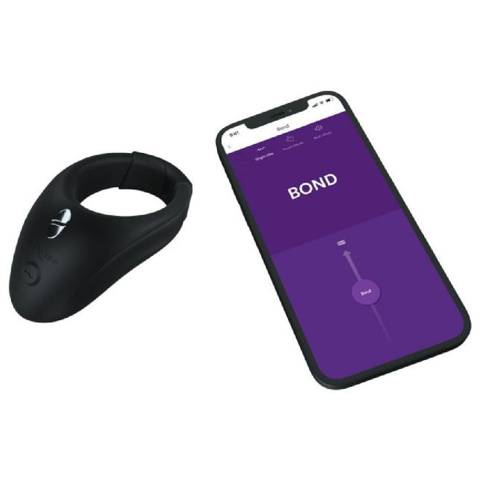 We-Vibe Bond Vibrating Couples Ring product next to phone showing the app 