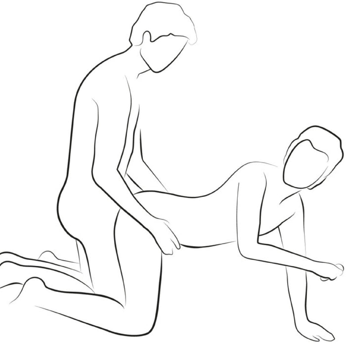 A simplified line drawing of two faceless human figures: one on all fours and the other kneeling behind, holding their hips. The artwork suggests an intimate position, possibly enhanced by a couples' toy like the We-Vibe Chorus Remote & App Controlled Couples' Vibrator from We-Vibe.