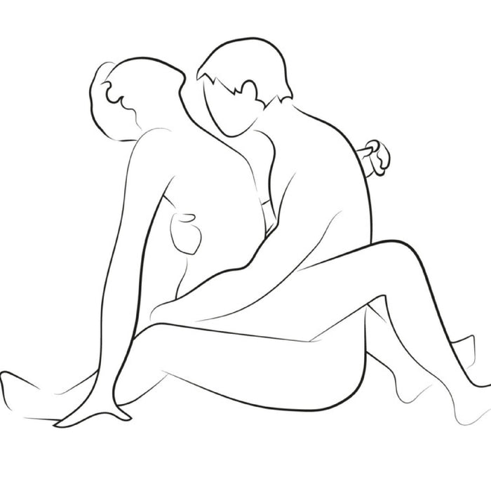 Line art illustration of two nude individuals sitting closely together, featuring the We-Vibe Chorus Remote & App Controlled Couples' Vibrator - Blue by We-Vibe. One person is seated with legs bent, leaning back against the other, who has an adjustable fit with legs stretched forward, partially around the first person and with one arm wrapped around them.