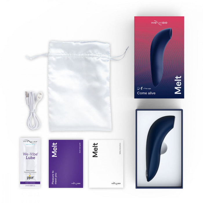 Image of We-Vibe Melt Rechargeable Pleasure Air Clitoral Stimulator - Blue packaging and contents arranged neatly. Includes the blue Melt device renowned for clitoral air pulse stimulation, a white storage pouch, a USB charging cable, a packet of We-Vibe lubricant, instruction manuals in purple and white, and a product box with "Melt" written on it.