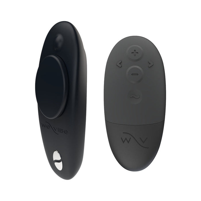 A sleek black wearable device and a matching remote-controlled clitoral stimulator, both showcasing a minimalist design, branded with the "We-Vibe" logo, specifically the We-Vibe Moxie + Hands-Free Remote or App Controlled Panty Vibrator - Black.