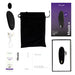 The image shows the contents of a We-Vibe Moxie+ Hands-Free Remote or App Controlled Panty Vibrator - Black package, including a black panty vibrator, remote control, charging cable, lubricant samples, instruction manuals, a black carrying pouch, and product packaging. The items are neatly arranged on a white background.