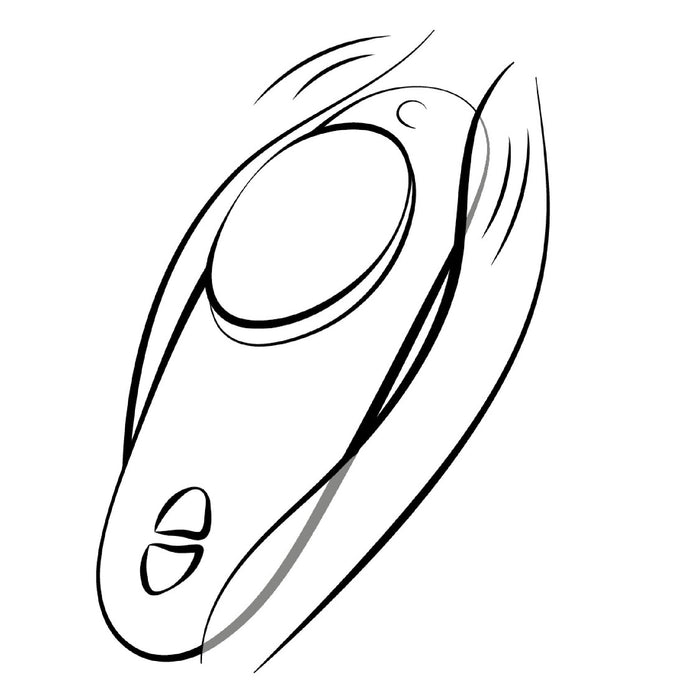 A black and white line drawing of the We-Vibe Moxie + Hands-Free Remote or App Controlled Panty Vibrator - Black, a handheld electronic device from We-Vibe, possibly a remote control for the wearable vibrator, featuring a large circular button with two smaller buttons below it. The depiction includes curving lines indicating motion or vibration around the device.