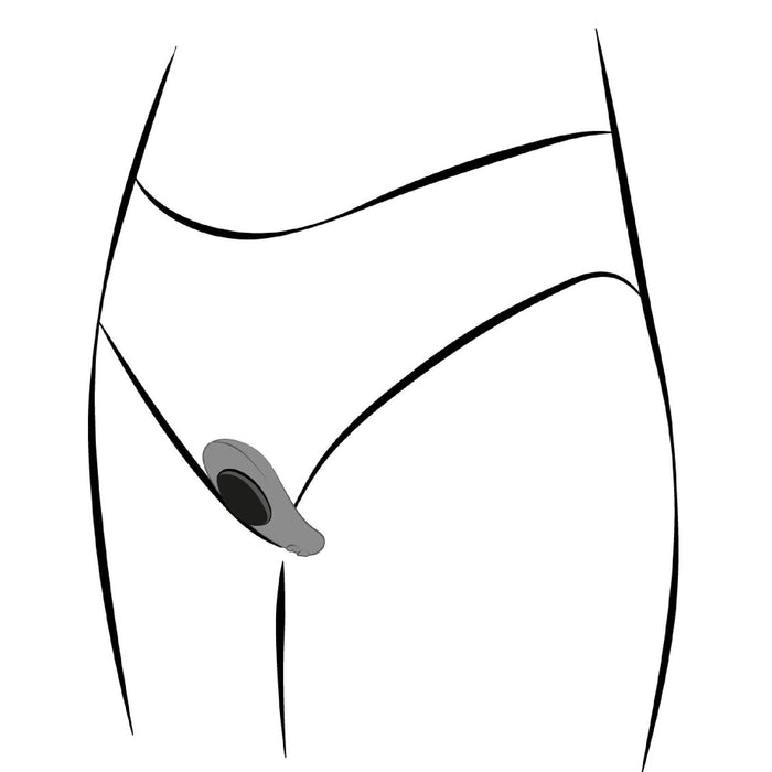 Illustration showing a portion of a human torso with an ostomy pouch attached to the lower abdominal area on the left side. The person's outline is minimal, with thin black lines depicting the body's curves, and the ostomy pouch is gray with a black center, similar in simplicity to the We-Vibe Moxie + Hands-Free Remote or App Controlled Panty Vibrator - Teal by We-Vibe.