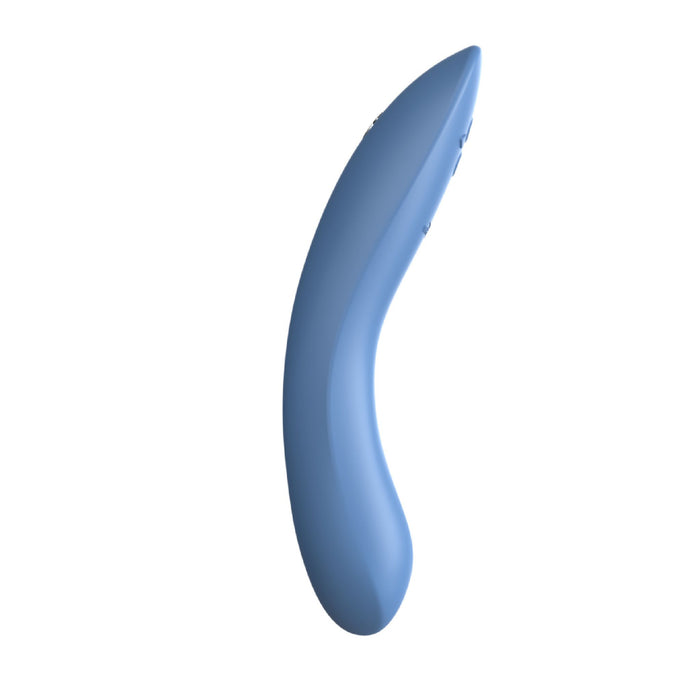 A sleek, blue, ergonomic object with a curved design resembling a modern handheld device, the We-Vibe Rave 2 Powerful Adjustable G-Spot Vibrator by We-Vibe features dual motors and is shown against a plain white background.