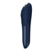 The We-Vibe Tango X Powerful Bullet Vibrator in blue boasts a sleek, slim, and curved design, featuring silent vibrations. This waterproof personal massager has a metallic button on top and two additional buttons on the side for control. Its smooth surface is ergonomically shaped for comfortable use.