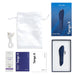 Image showing the contents of a We-Vibe Tango X Powerful Bullet Vibrator package. The items included are a We-Vibe Tango X bullet vibrator in blue, delivering deep vibrations, its box, a white storage pouch, a USB charging cable, an instruction manual, and a sachet of lubricant.