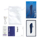 The image displays the contents of a We-Vibe Tango X Powerful Bullet Vibrator package, showcasing a blue We-Vibe bullet vibrator known for its deep vibrations, a white charging cable, a white storage pouch, a lubricant packet, and documentation. The packaging box is also visible.