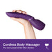 A hand holding a purple cordless body massager against a white background. The We-Vibe Wand 2 features a curved design and is waterproof. Text below reads: "We-Vibe Wand 2: The most powerful cordless vibrator, app enabled for an enhanced experience.