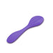 A Blush Wellness Duo Hands Free Wearable and Couples Vibrator in a sleek, vibrant purple hue is shown against a white background. This versatile product features an innovative double-ended design, with larger and smaller vibrator shapes at each end, and a smooth, curved texture for ergonomic comfort.