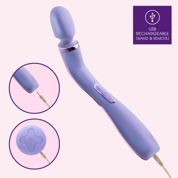 Introducing the Wellness Eternal Slim Ergonomic Powerful Remote Control Wand by Blush in Lavender. This wand-shaped personal massage device features a curved handle and side control buttons. The product image highlights its USB rechargeable and waterproof design, with close-up insets of the wand head and wireless remote control for powerful vibrations.