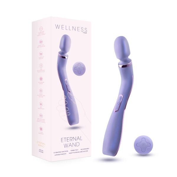 A lavender wellness massage wand with an ergonomic curved handle from Blush, displayed next to its packaging box. The box features the product name "Wellness Eternal Slim Ergonomic Powerful Remote Control Wand" and an illustration of the wand. With powerful vibrations, this waterproof wand also includes a small separate remote control accessory for enhanced control.