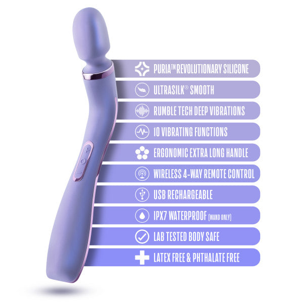 Image of the Wellness Eternal Slim Ergonomic Powerful Remote Control Wand - Lavender from Blush beside a list of its features. The features are Puria™ Revolutionary Silicone, Ultrasilk™ Smooth, Rumble Tech Deep Vibrations, 10 Vibrating Functions, Ergonomic Extra Long Handle, Wireless 4-Way Remote Control, USB Rechargeable, IPX7 Waterproof (wand only), Lab Tested Body Safe, Latex Free & Phthalate Free.