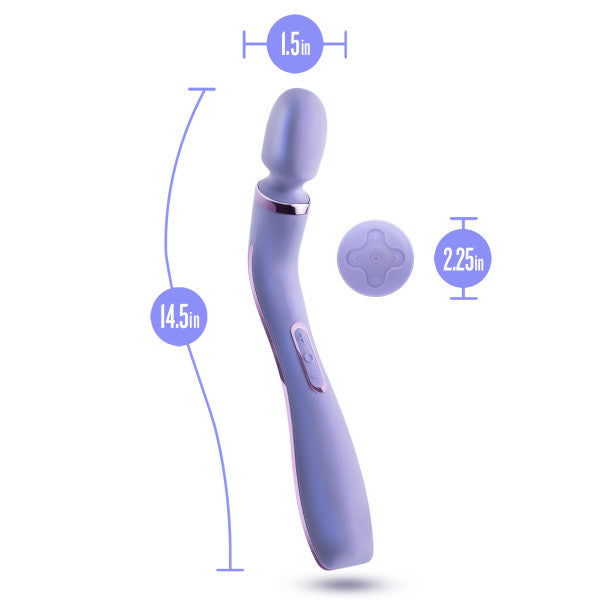 An image of the Blush Wellness Eternal Slim Ergonomic Powerful Remote Control Wand in Lavender, featuring a rounded head with a 1.5-inch diameter, an ergonomic handle that measures 14.5 inches in length, and a circular accessory measuring 2.25 inches. The waterproof handle has two buttons for convenient control options.